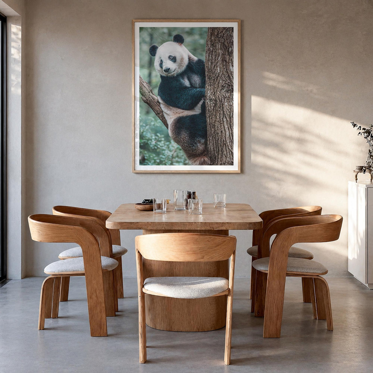Panda Bear colorful photo poster – vertical wall art in natural wood frame with white border, hanging on wall