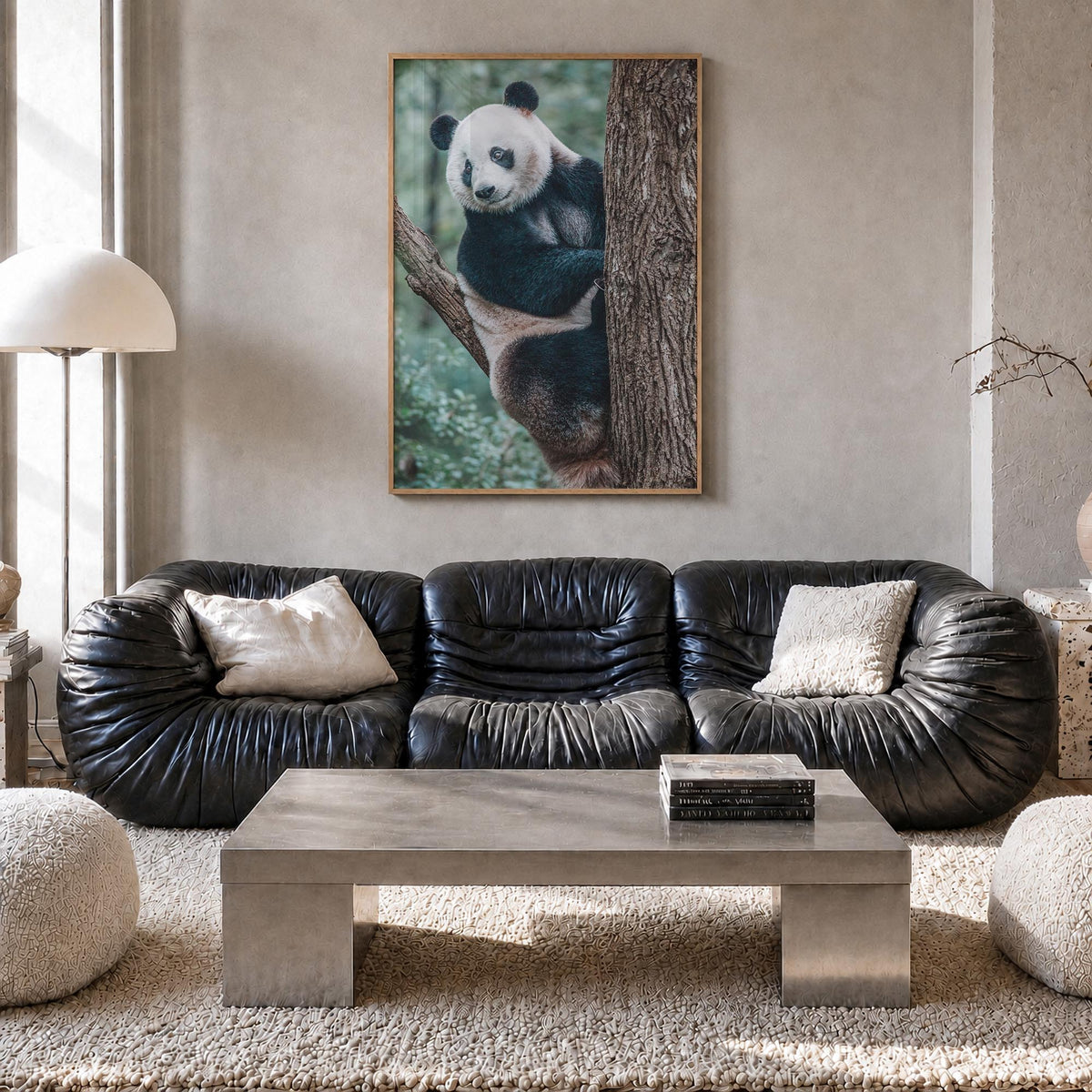 Panda Bear colorful photo poster – vertical wall art in natural wood frame, hanging on wall