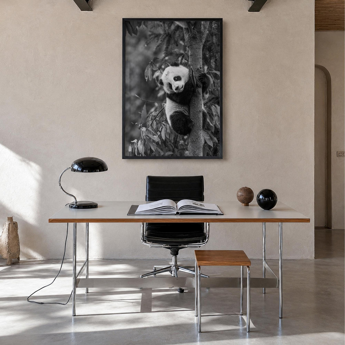 Panda Bear no. 2 black & white photo poster – vertical wall art in black wood frame, hanging on wall