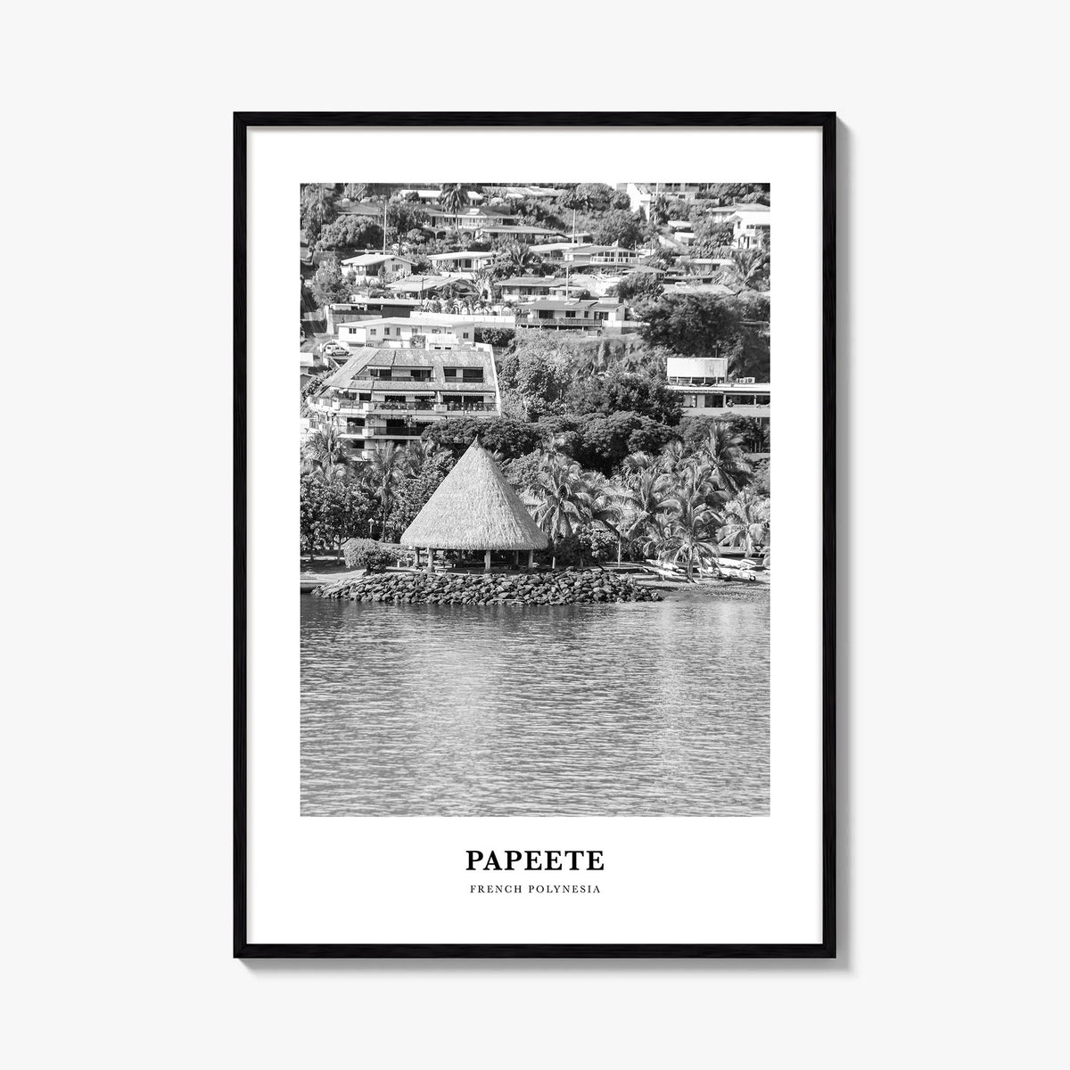 Papeete black & white classic poster of French Polynesia – vertical wall art, unframed print shown in interior mockup