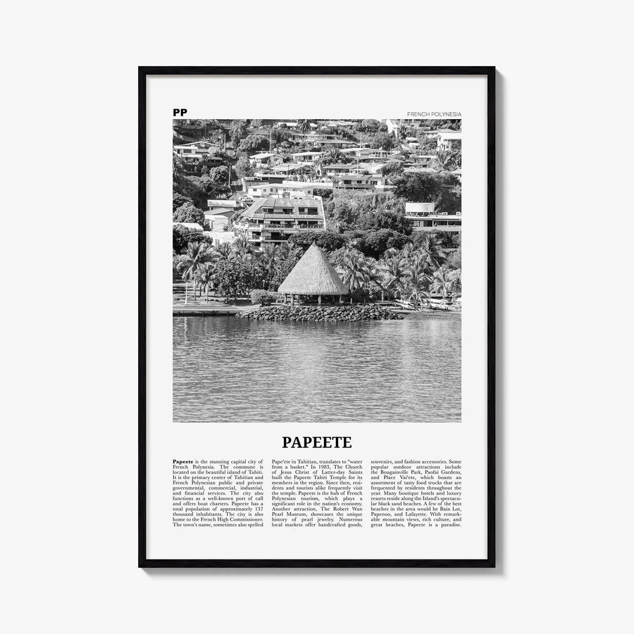 Papeete black & white newspaper poster of French Polynesia – vertical wall art, unframed print shown in interior mockup