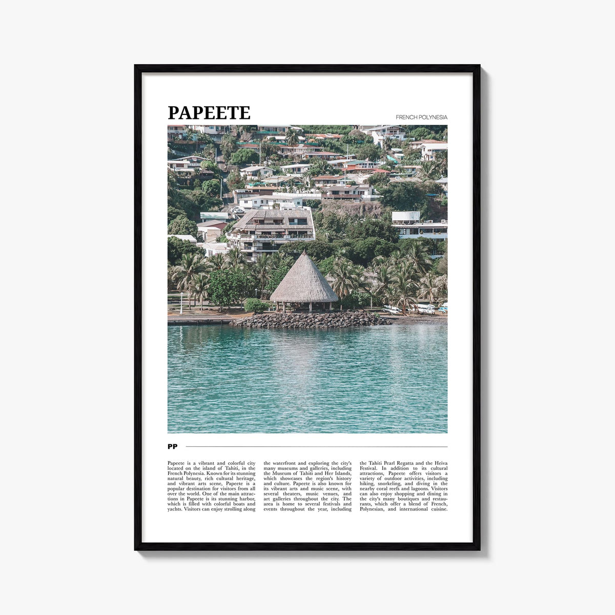 Papeete colorful travel poster of French Polynesia – vertical wall art, unframed print shown in interior mockup