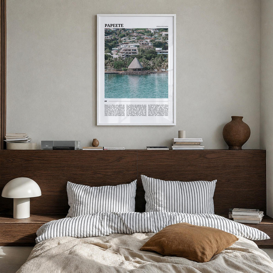 Papeete colorful travel poster of French Polynesia – vertical wall art in white wood frame, hanging on wall