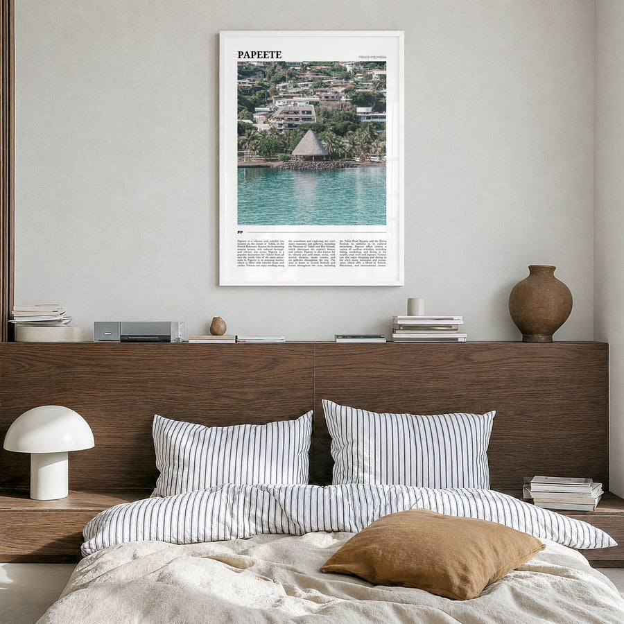 Papeete Travel Poster in a white wood frame, hanging in a bedroom