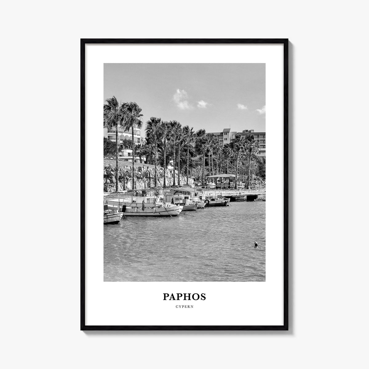 Paphos black & white classic poster of Cyprus – vertical wall art, unframed print shown in interior mockup
