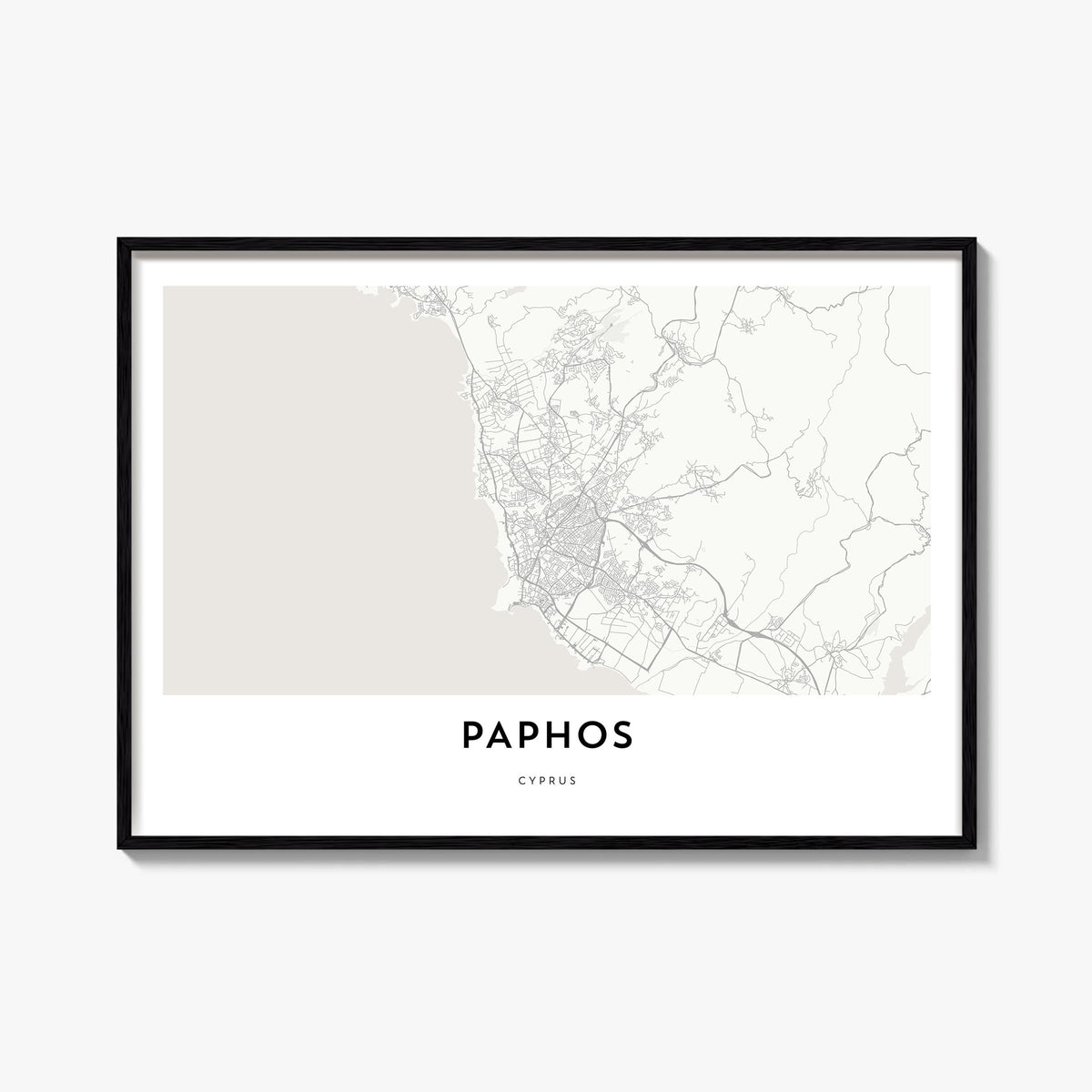 Paphos black & white map poster of Cyprus – horizontal wall art, unframed print shown in interior mockup