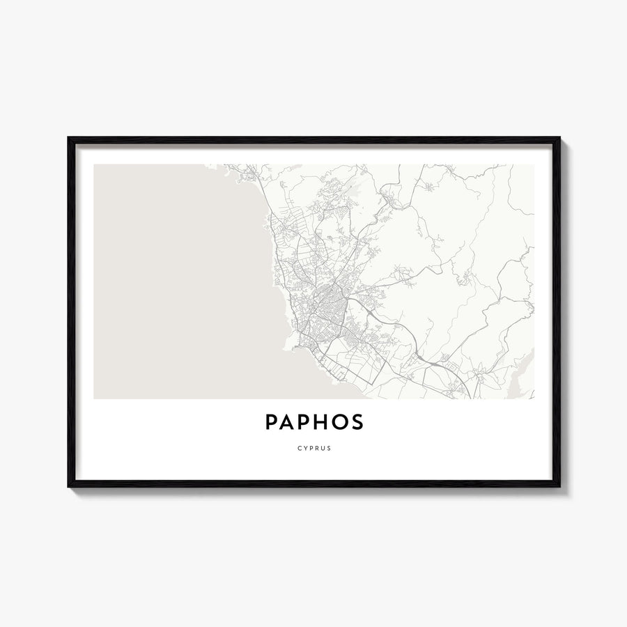 Paphos black & white map poster of Cyprus – horizontal wall art, unframed print shown in interior mockup