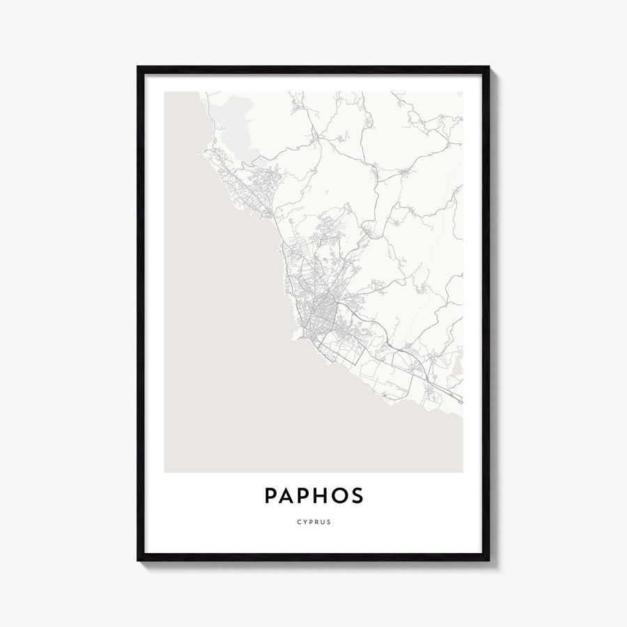 Paphos black & white map poster of Cyprus – vertical wall art, unframed print shown in interior mockup