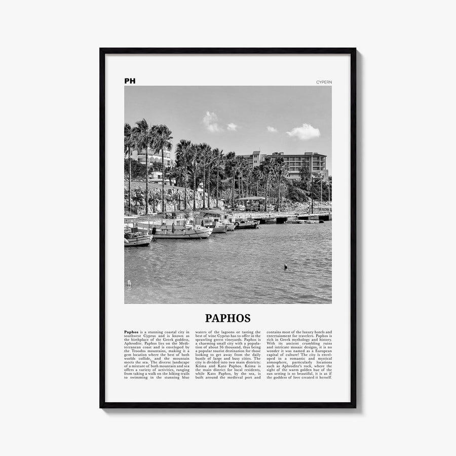 Paphos black & white newspaper poster of Cyprus – vertical wall art, unframed print shown in interior mockup