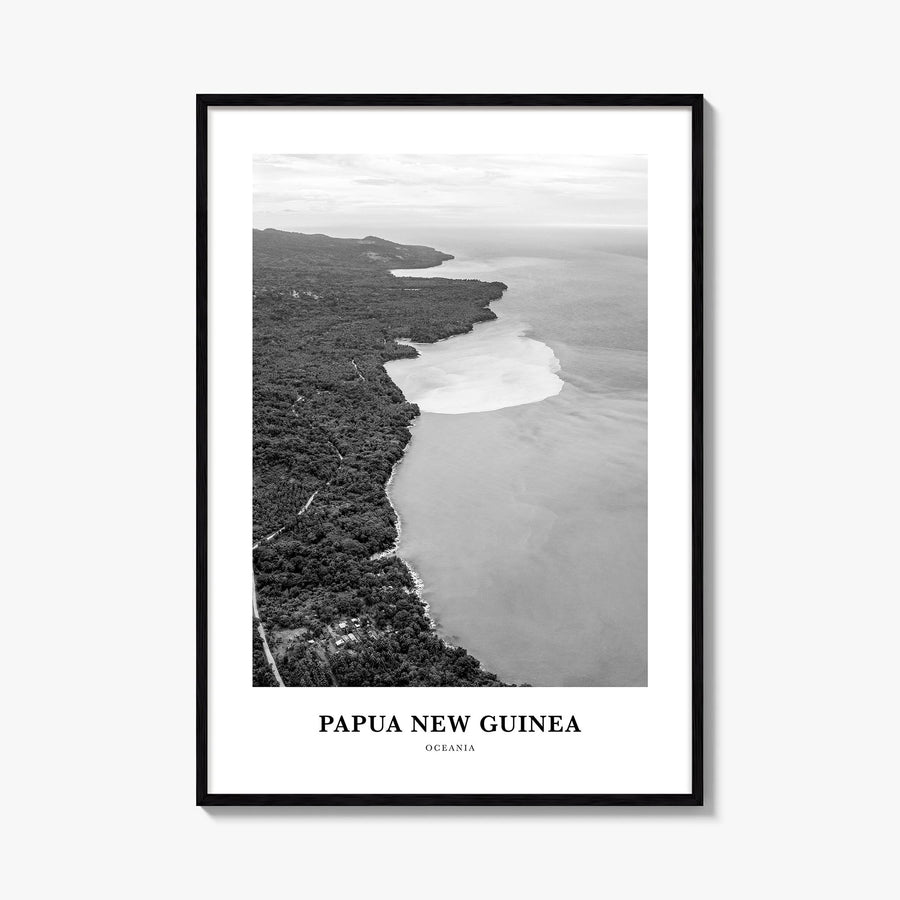 Papua New Guinea black & white classic poster of Oceania – vertical wall art, unframed print shown in interior mockup