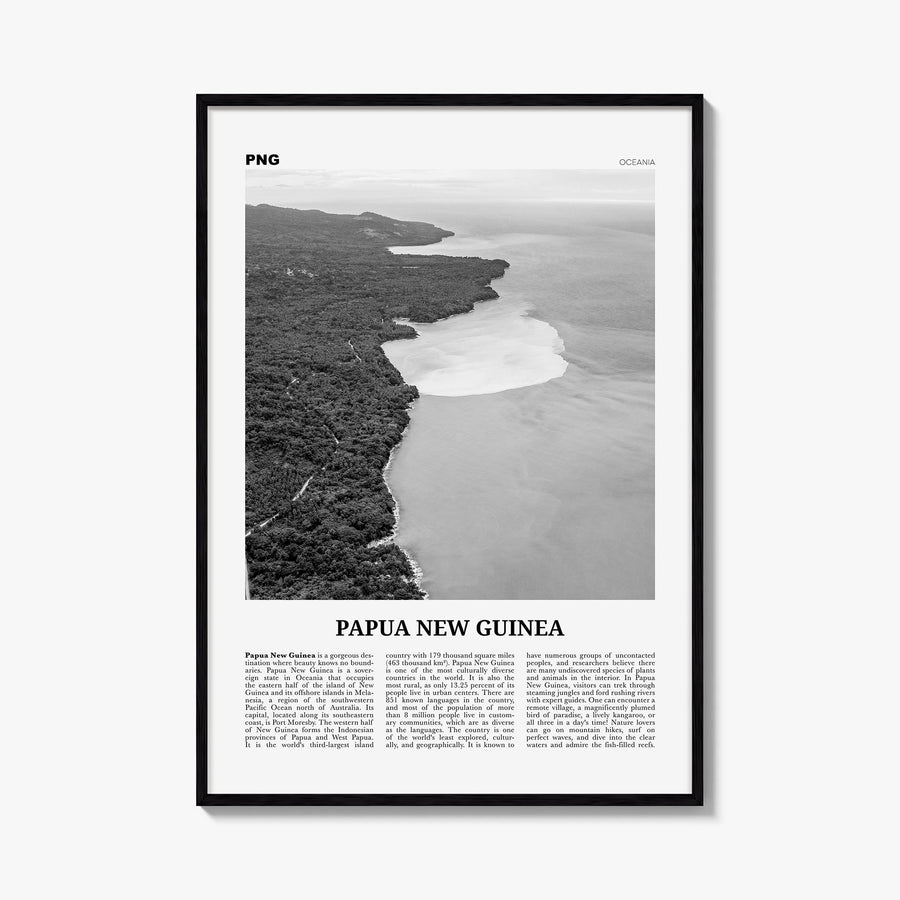 Papua New Guinea black & white newspaper poster of Oceania – vertical wall art, unframed print shown in interior mockup
