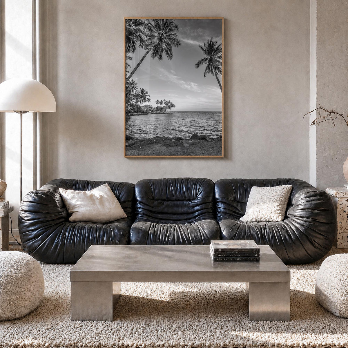 Papua New Guinea black & white photo poster of Oceania – vertical wall art in natural wood frame, hanging on wall