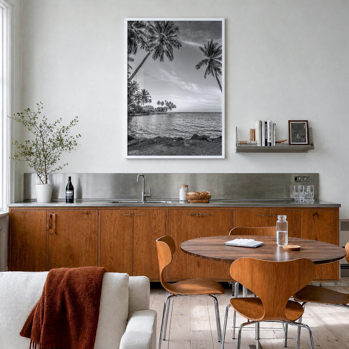 Papua New Guinea black & white photo poster of Oceania – vertical wall art in white wood frame, hanging on wall
