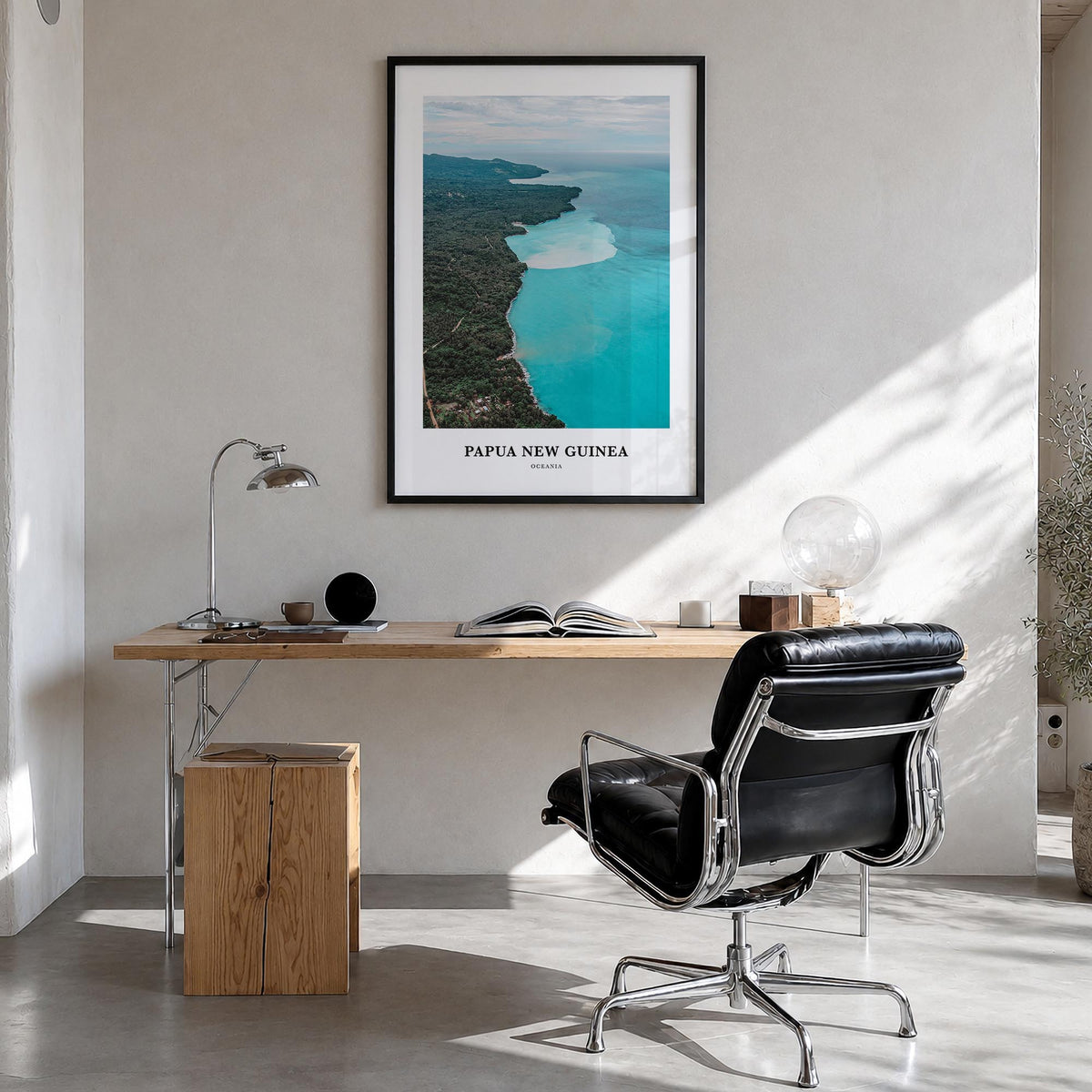 Papua New Guinea colorful classic poster of Oceania – vertical wall art in black wood frame, hanging on wall