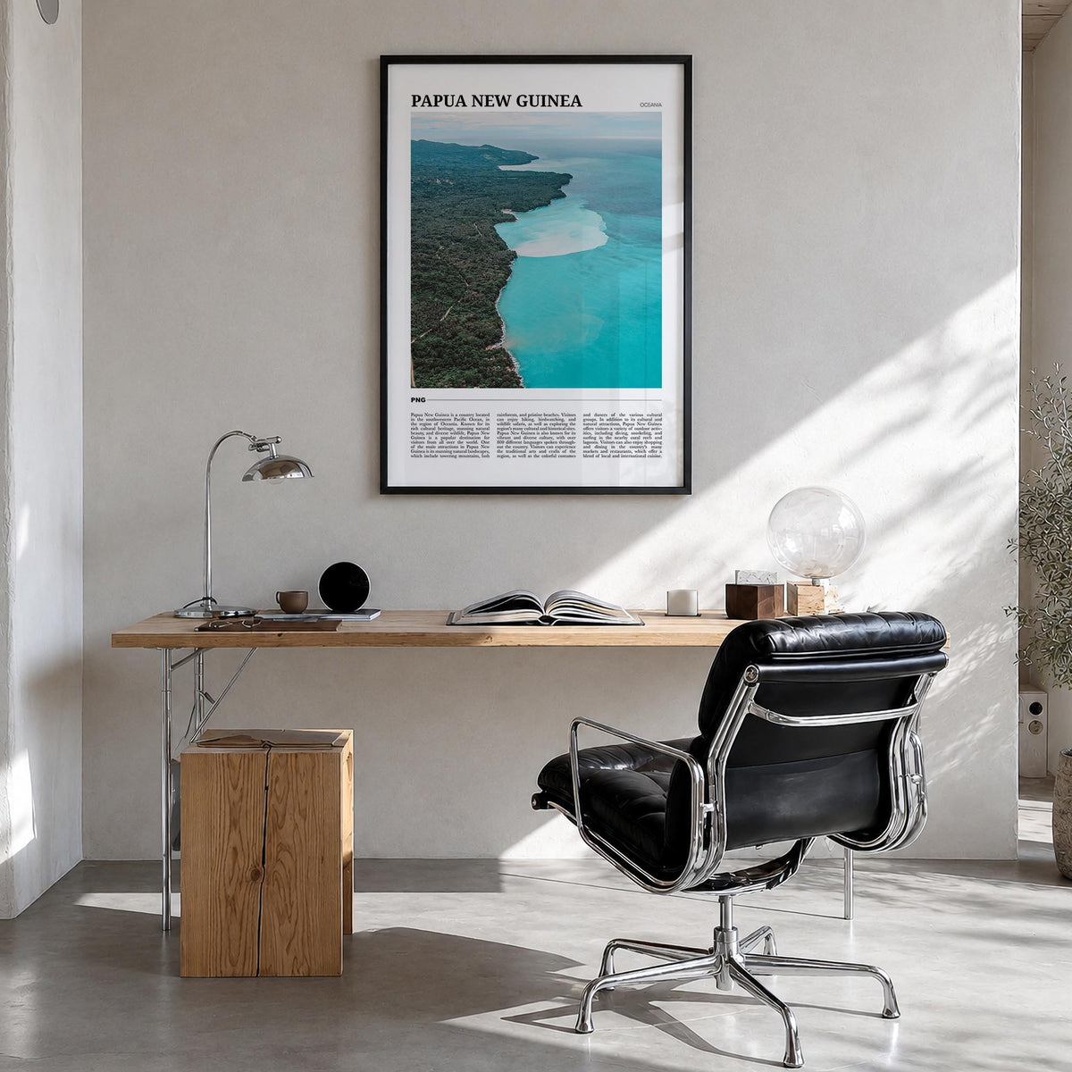 Papua New Guinea colorful travel poster of Oceania – vertical wall art in black wood frame, hanging on wall