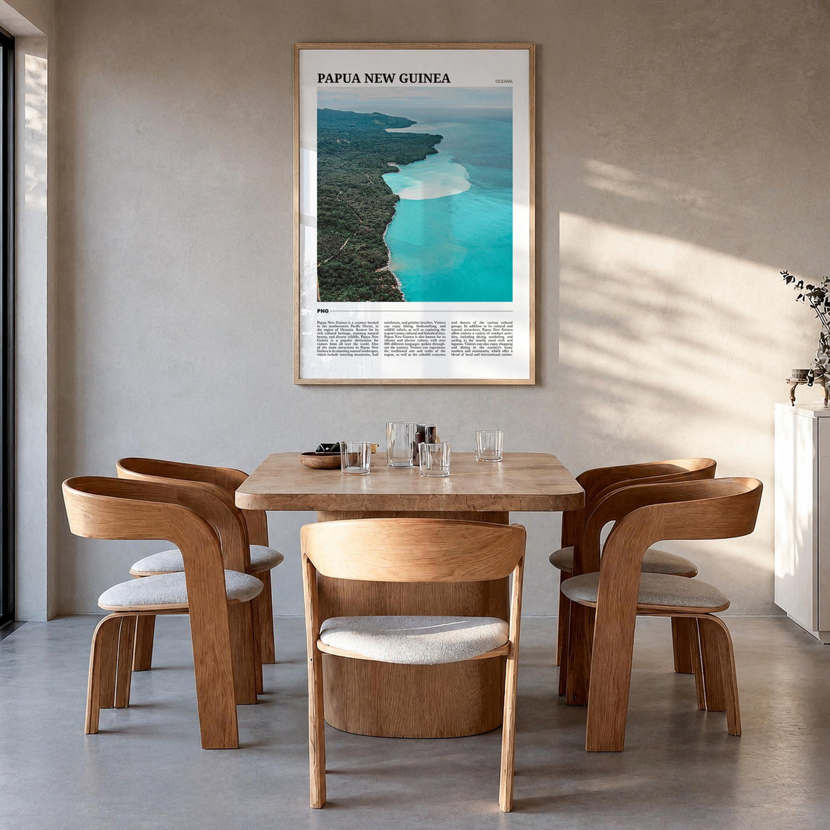 Papua New Guinea colorful travel poster of Oceania – vertical wall art in natural wood frame, hanging on wall