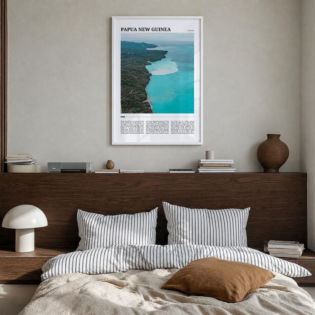 Papua New Guinea colorful travel poster of Oceania – vertical wall art in white wood frame, hanging on wall
