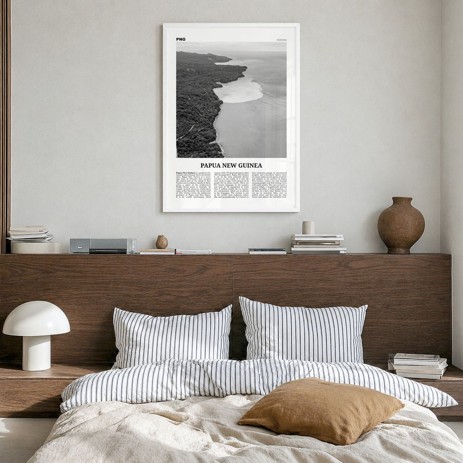 Papua New Guinea Newspaper Poster in a white wood frame, hanging in a bedroom