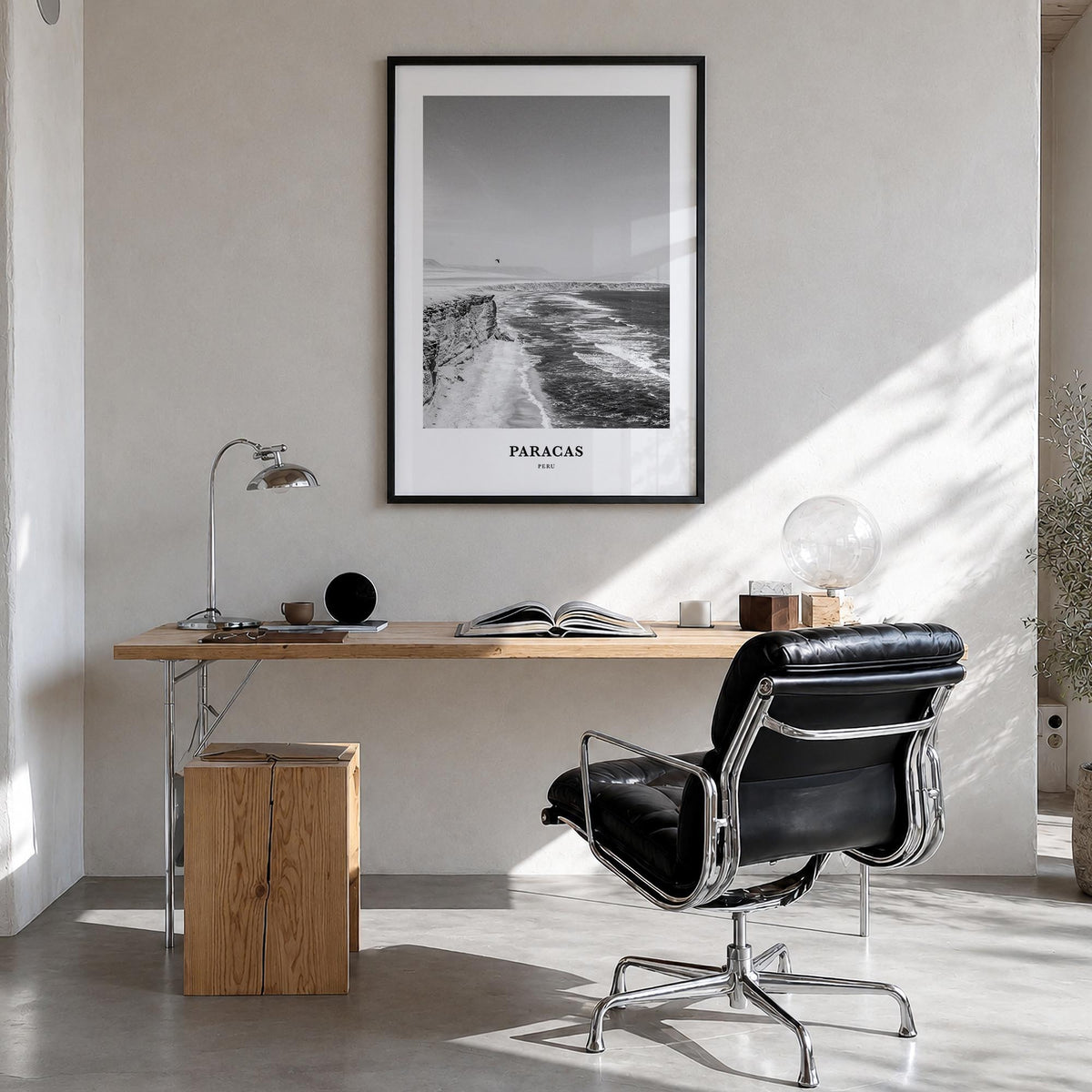 Paracas black & white classic poster of Peru – vertical wall art in black wood frame, hanging on wall