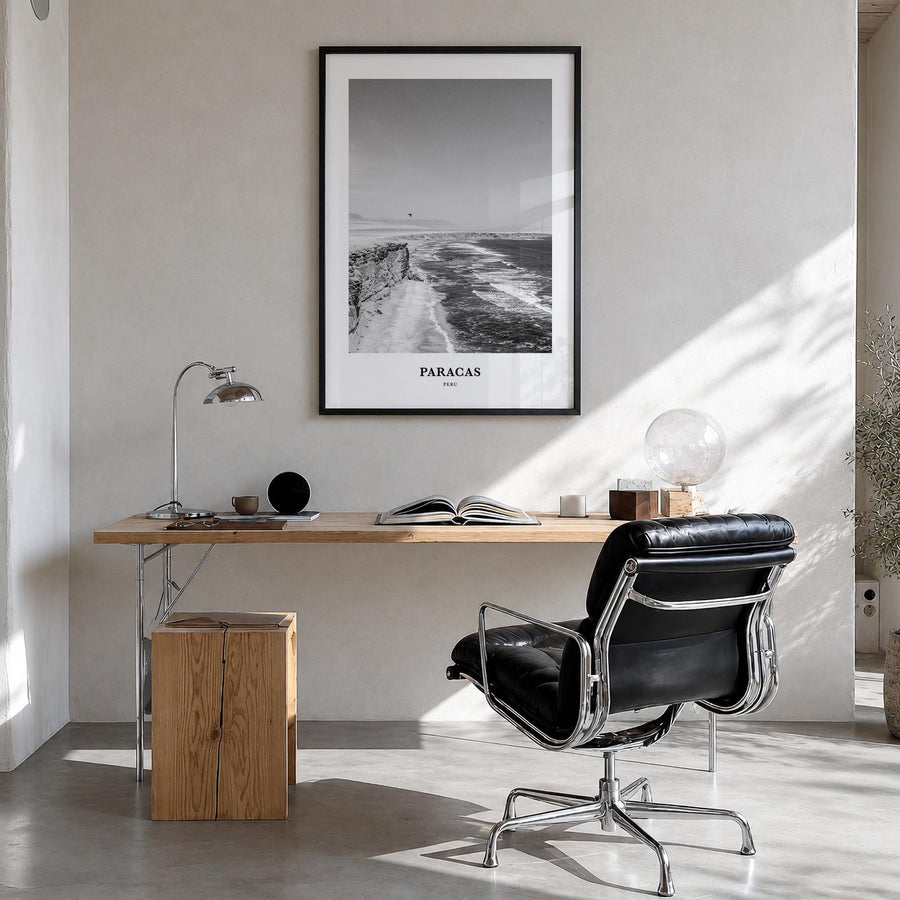 Paracas black & white classic poster of Peru – vertical wall art in black wood frame, hanging on wall