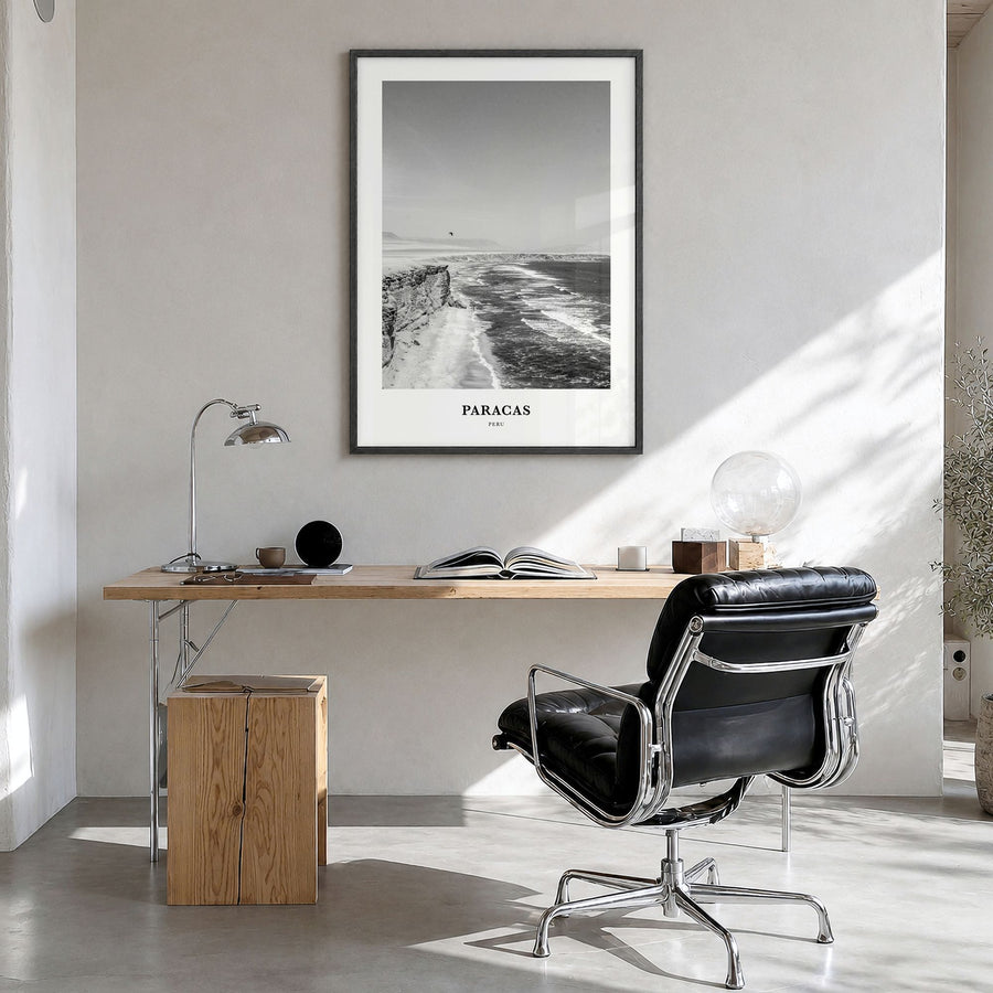 Paracas Classic Poster in a black wood frame, hanging in a bright home office