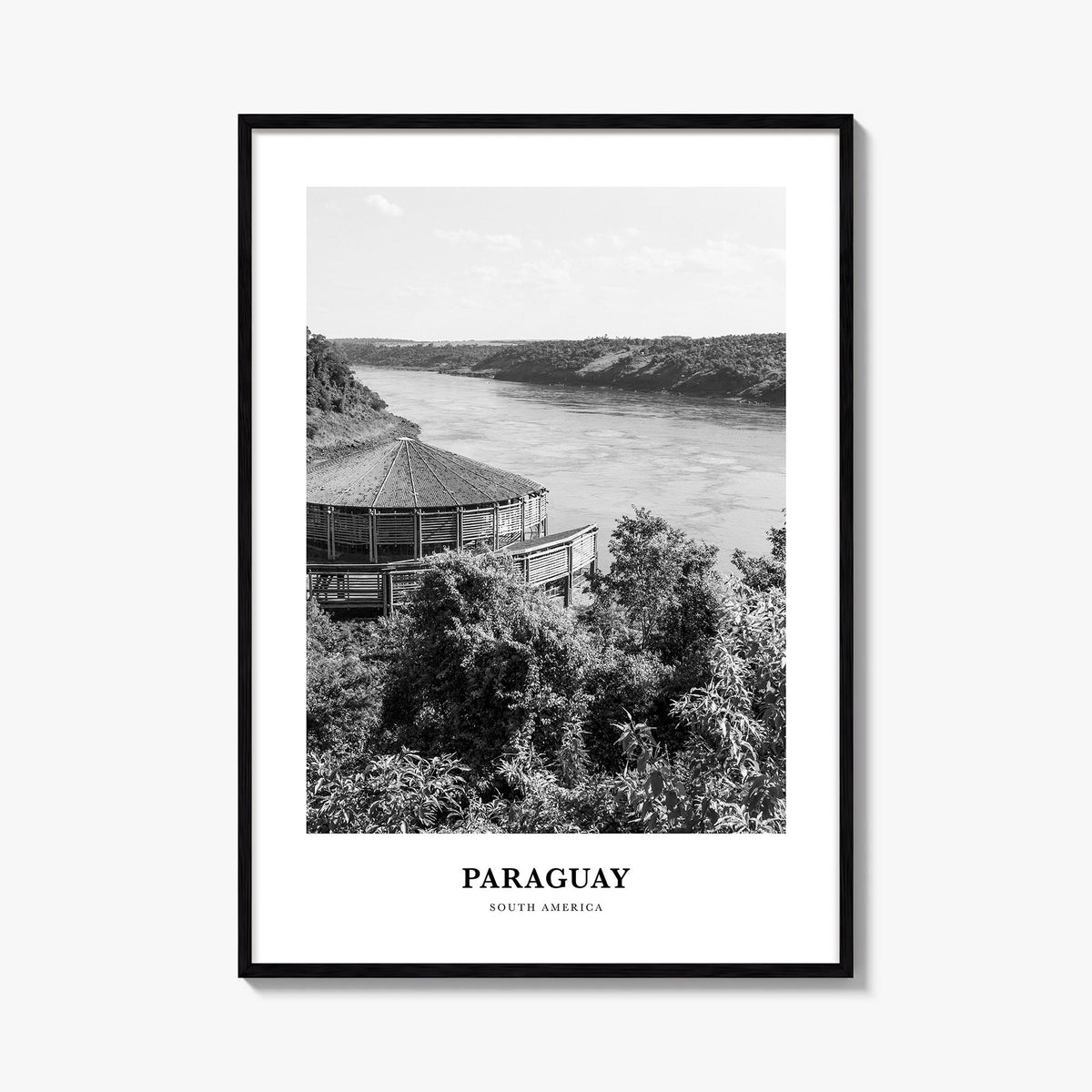 Paraguay black & white classic poster of South America – vertical wall art, unframed print shown in interior mockup