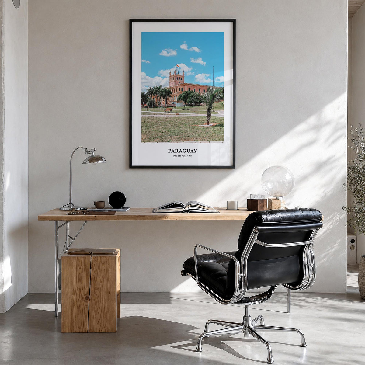 Paraguay colorful classic poster of South America – vertical wall art in black wood frame, hanging on wall
