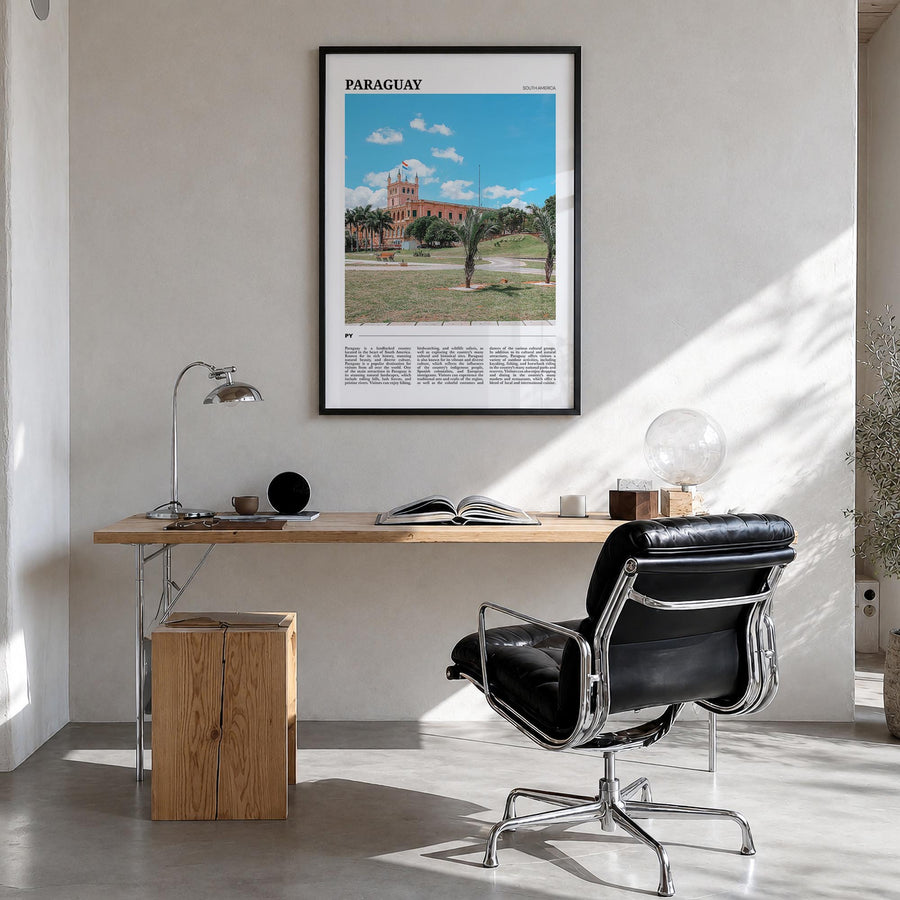 Paraguay colorful travel poster of South America – vertical wall art in black wood frame, hanging on wall
