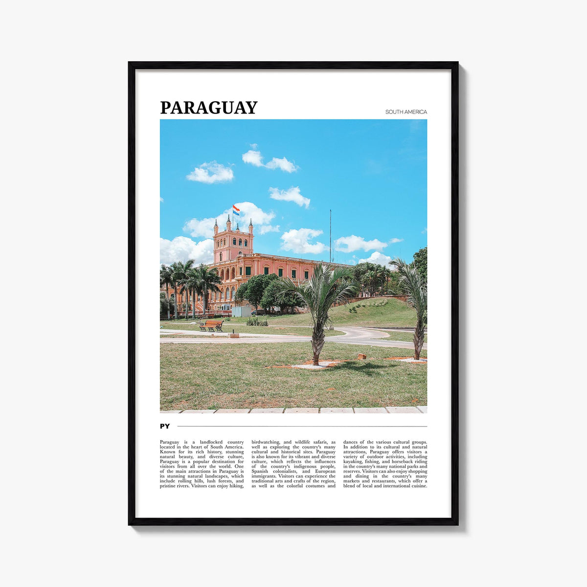Paraguay colorful travel poster of South America – vertical wall art, unframed print shown in interior mockup