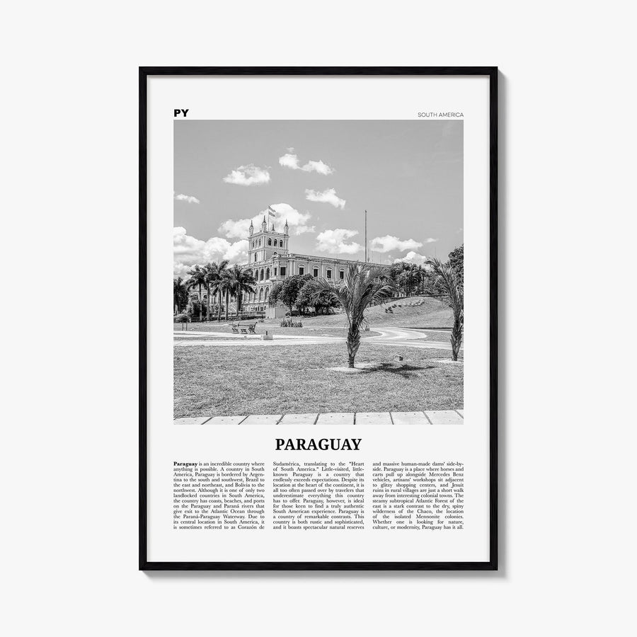 Paraguay no. 2 black & white newspaper poster of South America – vertical wall art, unframed print shown in interior mockup