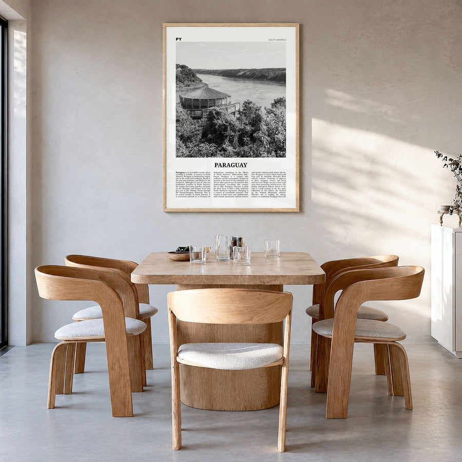 Paraguay Newspaper No 1 Poster in a natural wood frame, hanging in a dining room