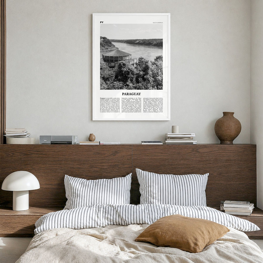 Paraguay Newspaper No 1 Poster in a white wood frame, hanging in a bedroom