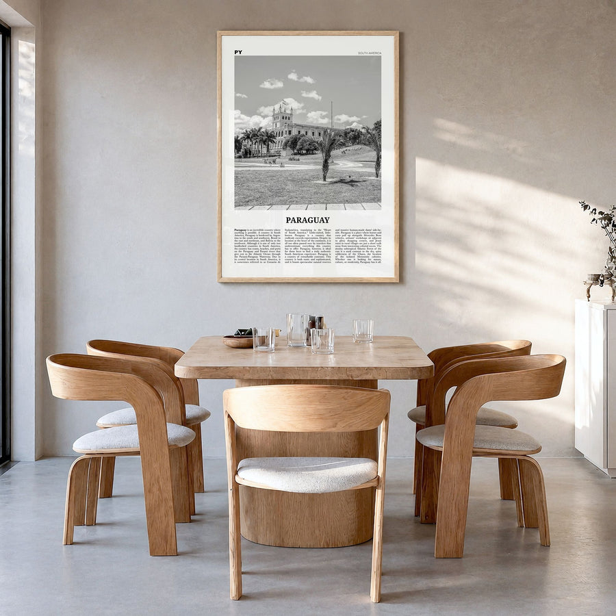 Paraguay Newspaper No 2 Poster in a natural wood frame, hanging in a dining room