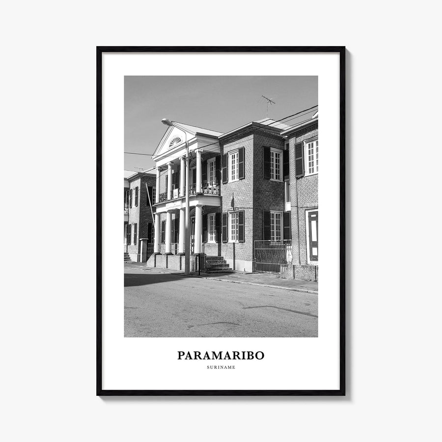 Paramaribo black & white classic poster of Suriname – vertical wall art, unframed print shown in interior mockup