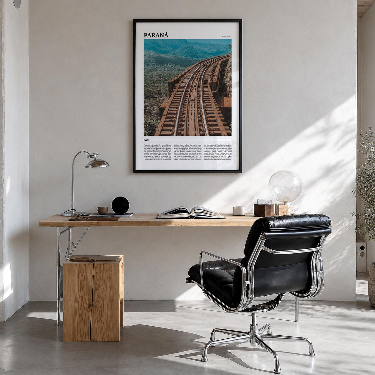 Paraná colorful travel poster of Argentina – vertical wall art in black wood frame, hanging on wall