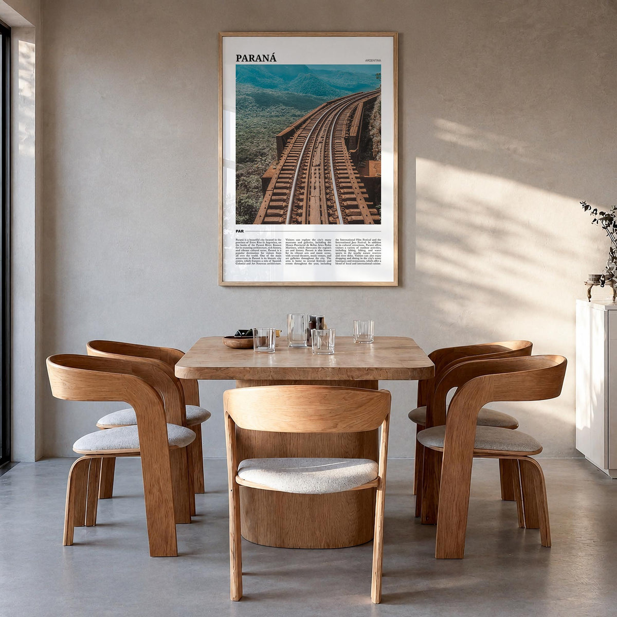 Paraná colorful travel poster of Argentina – vertical wall art in natural wood frame, hanging on wall