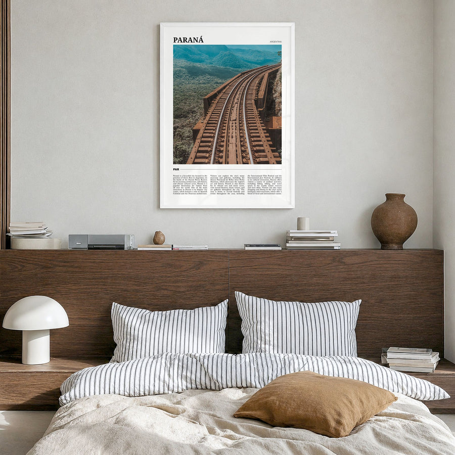 Paraná Travel Poster in a white wood frame, hanging in a bedroom