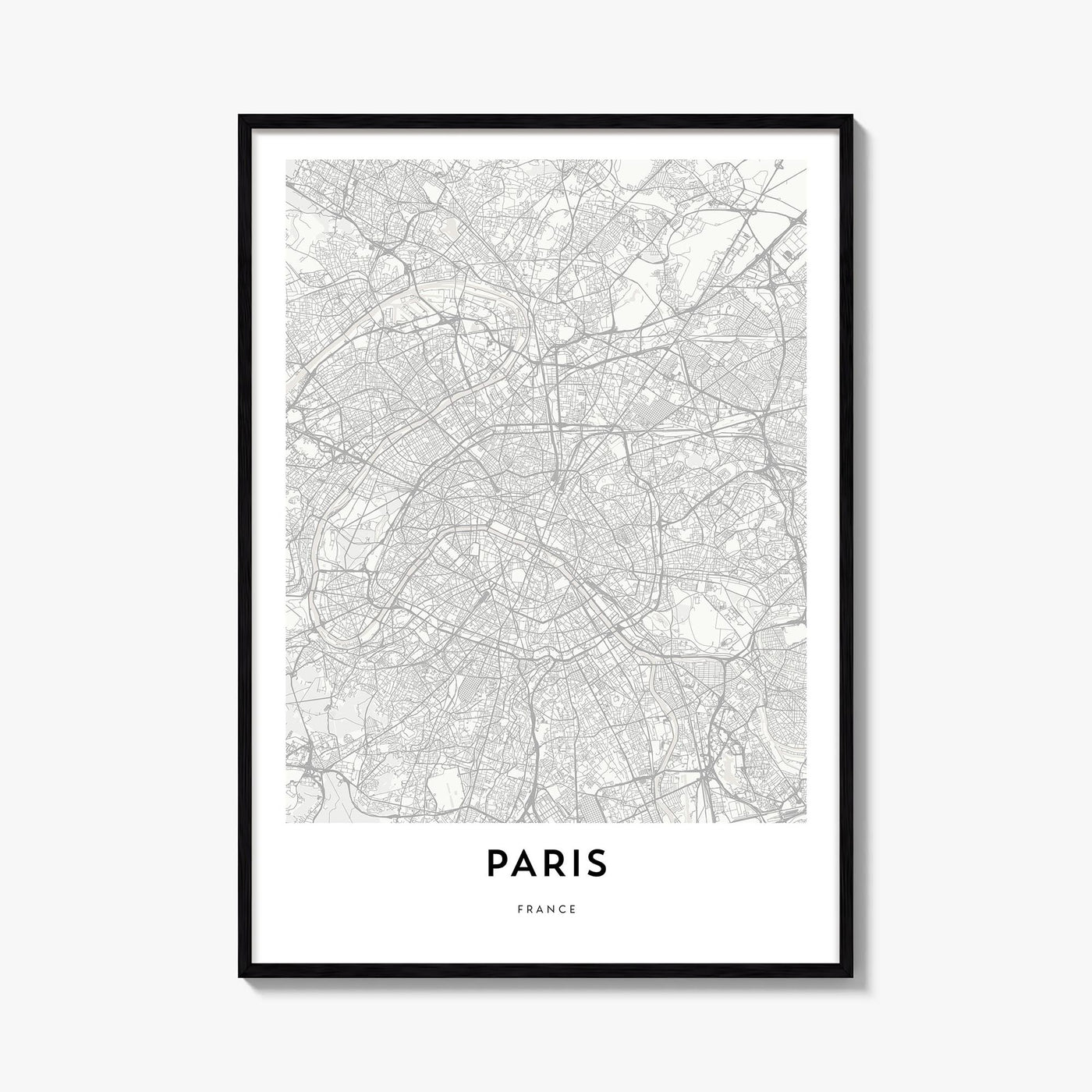 Paris black & white map poster of France – vertical wall art, unframed print shown in interior mockup
