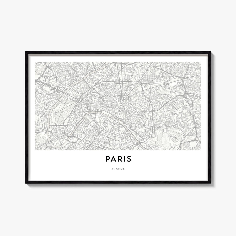 Paris black & white map poster of France – horizontal wall art, unframed print shown in interior mockup