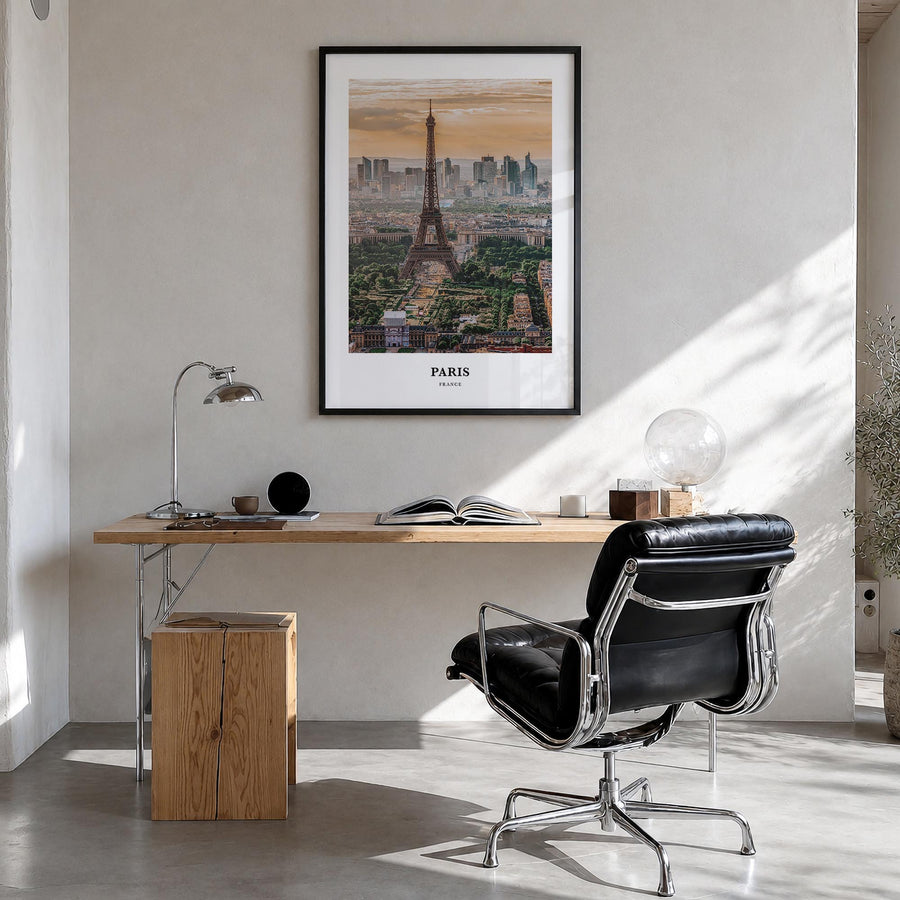 Paris colorful classic poster of France – vertical wall art in black wood frame, hanging on wall
