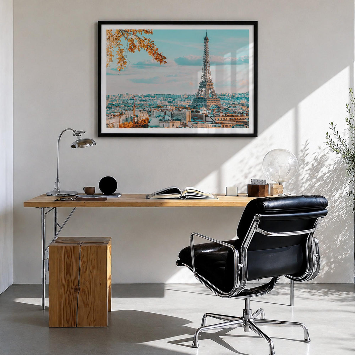Paris colorful photo poster of France – horizontal wall art in black wood frame with white border, hanging on wall