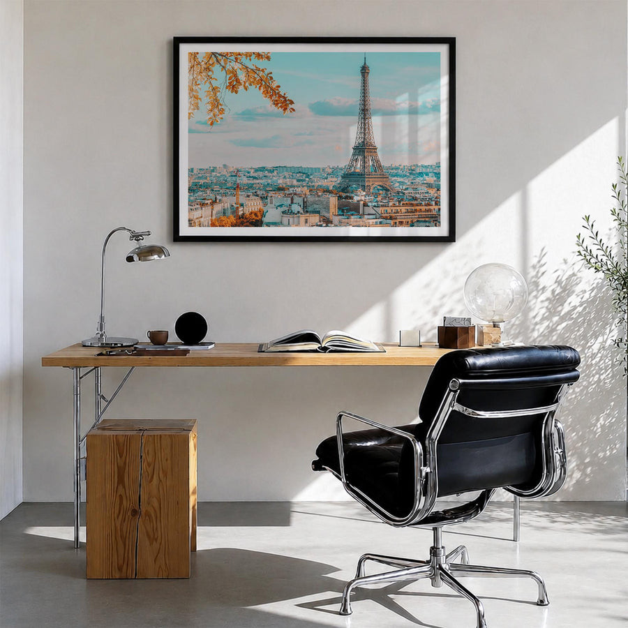 Paris colorful photo poster of France – horizontal wall art in black wood frame with white border, hanging on wall