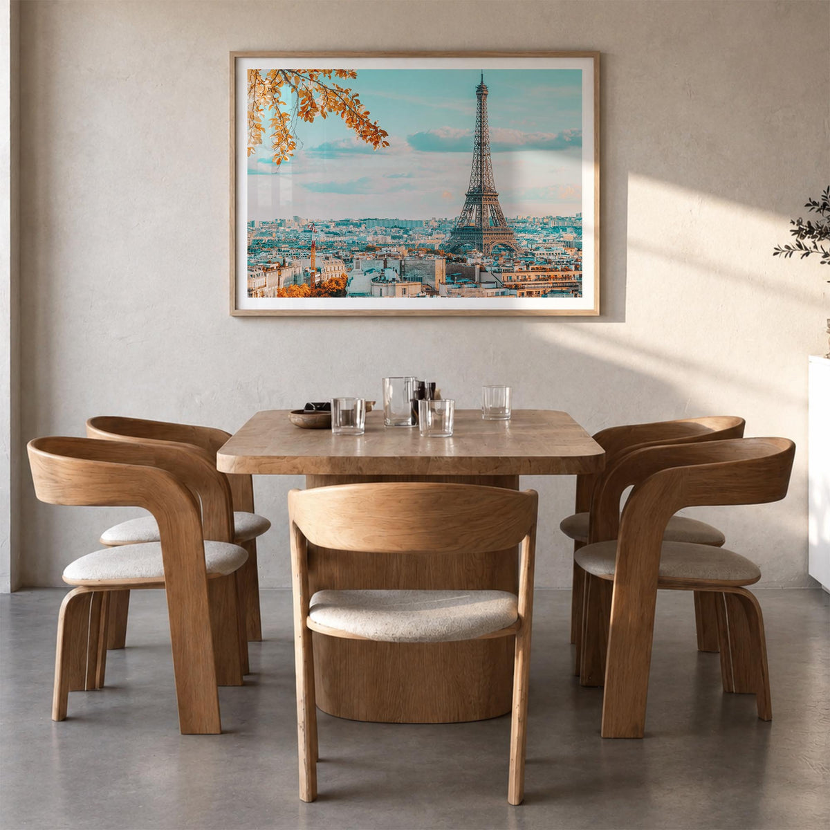 Paris colorful photo poster of France – horizontal wall art in natural wood frame with white border, hanging on wall