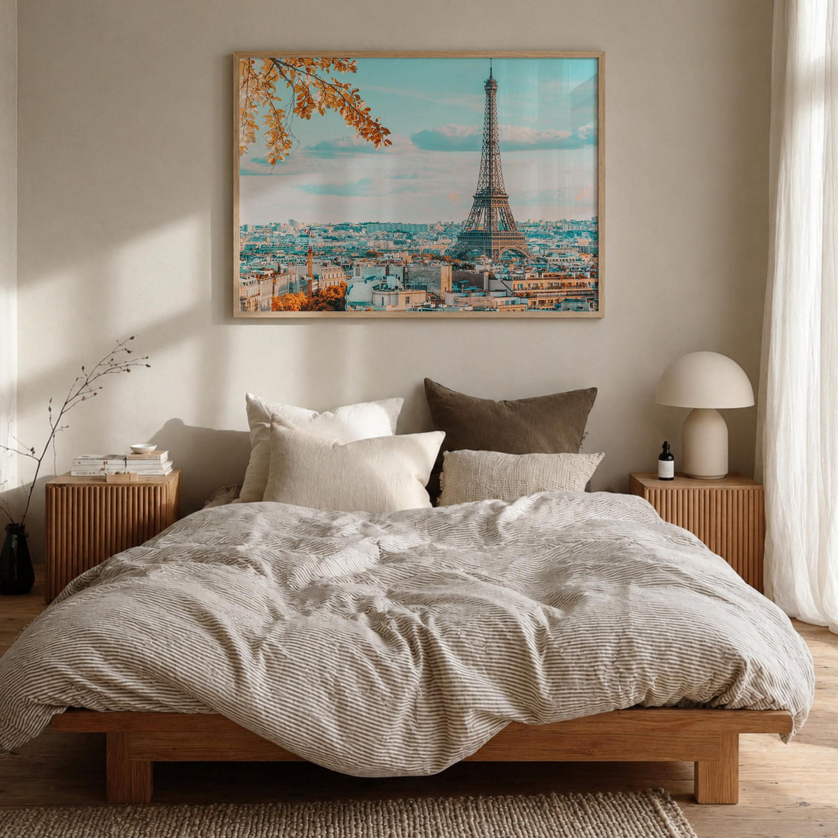 Paris colorful photo poster of France – horizontal wall art in natural wood frame, hanging on wall