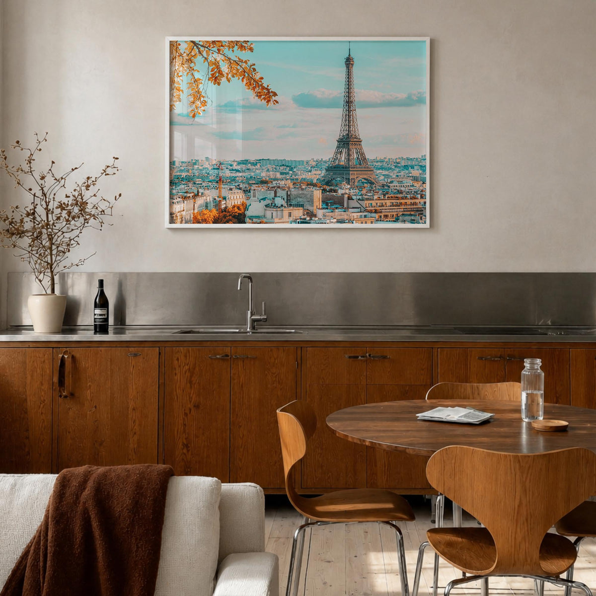 Paris colorful photo poster of France – horizontal wall art in white wood frame, hanging on wall