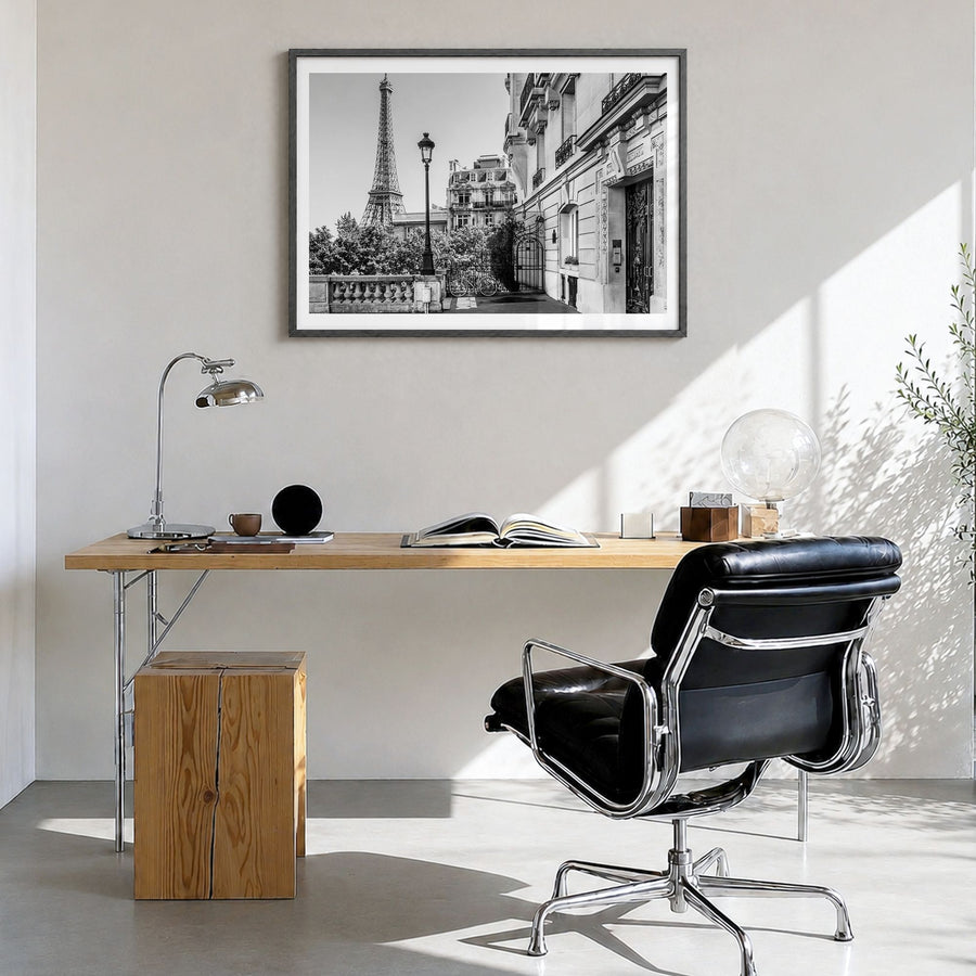 Paris Photo No 2 Poster in a black wood frame, hanging in a bright home office, white border