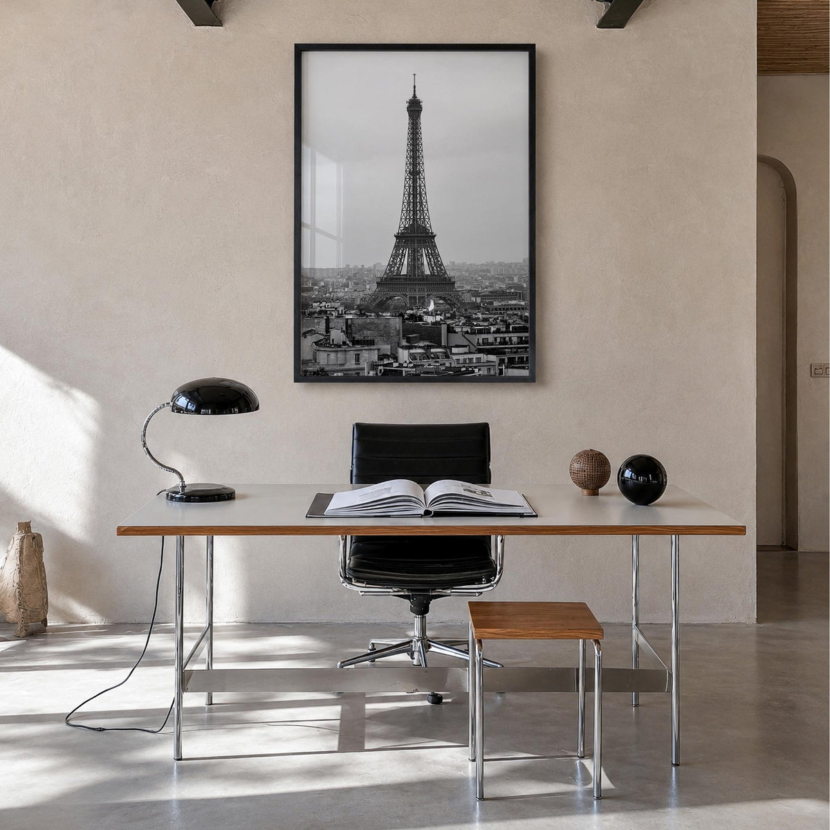 Paris no. 1 black & white photo poster of France – vertical wall art in black wood frame, hanging on wall