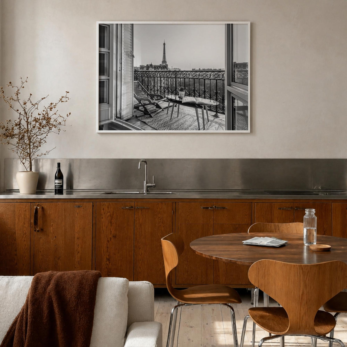 Paris no. 1 black & white photo poster of France – horizontal wall art in white wood frame, hanging on wall