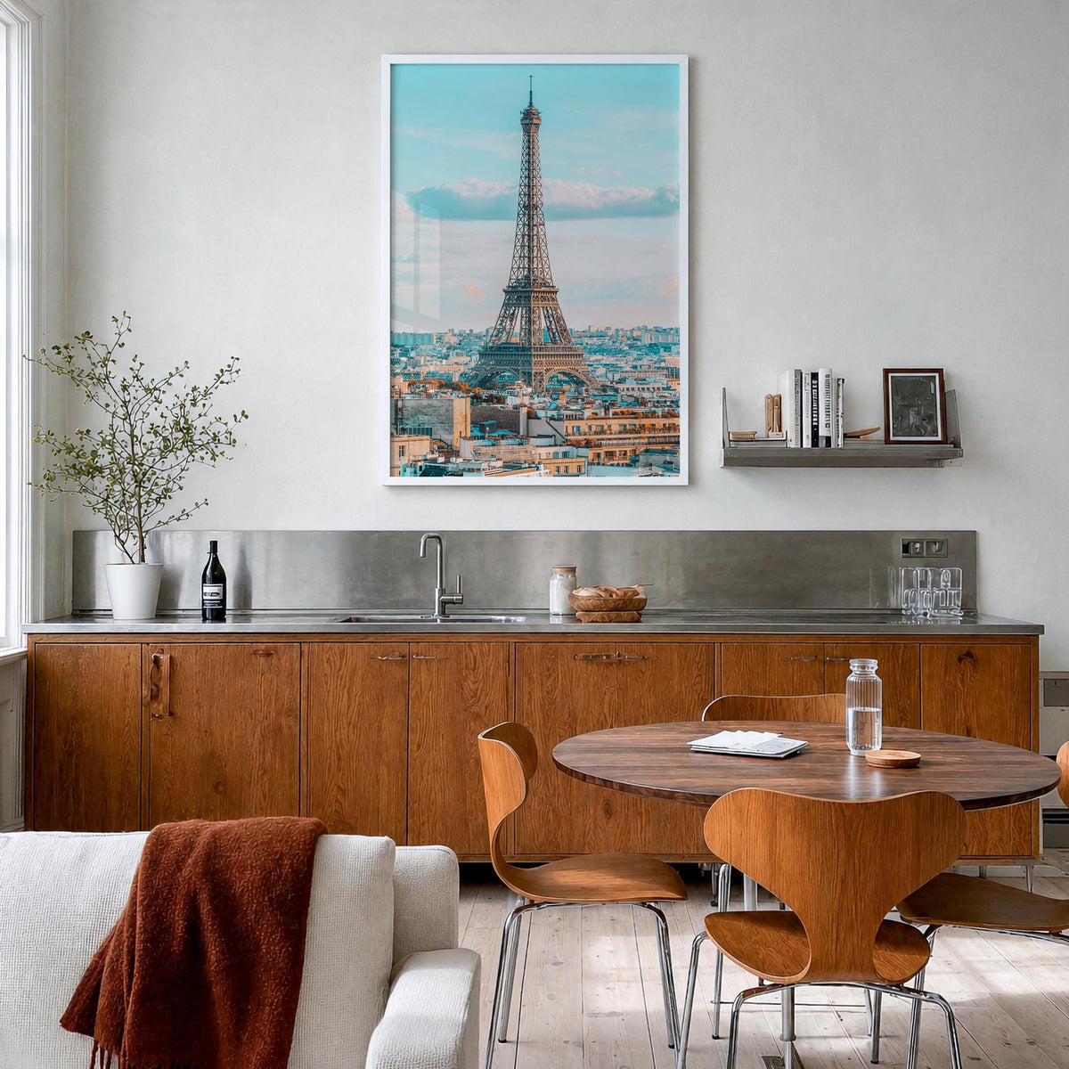 Paris no. 1 colorful photo poster of France – vertical wall art in white wood frame, hanging on wall