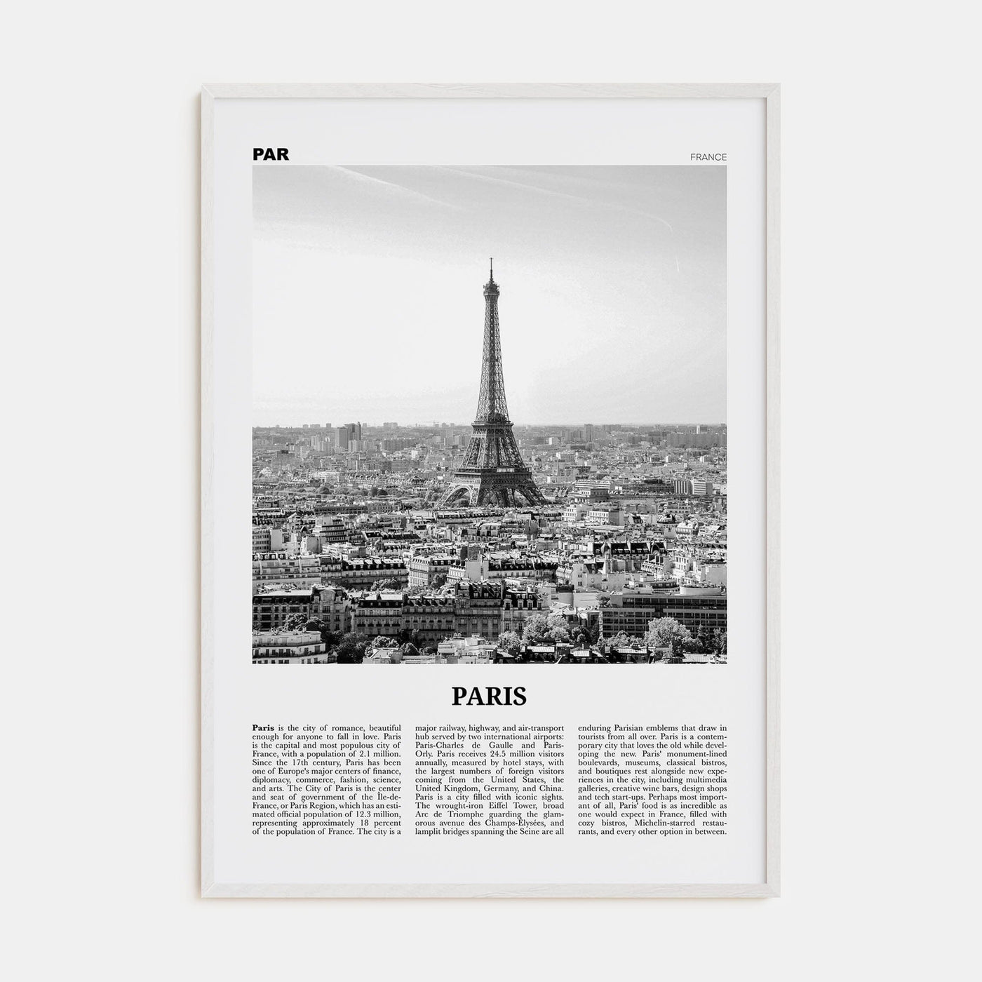 Paris No 1 Poster White Wood / 8x12 in Nbourhood Travel B&W Poster